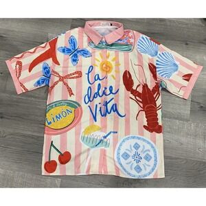 "La Dolce Vita" Pink Striped Button Down Shirt Summer Lobster Louisana Fun Large